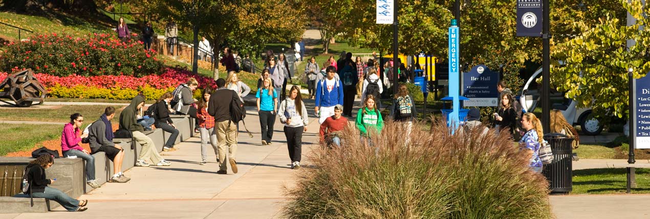 Students walking on Brock Commons at Longwood University